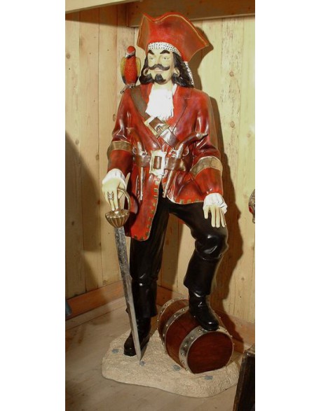 Statue pirate veste rouge et perroquet